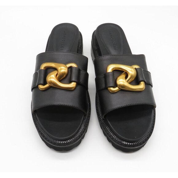 Aerosoles Lima Leather Slide Sandals With Gold Chain Detail Black Size 8M NEW - Picture 2 of 7